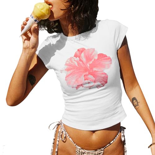 Yassiglia Damen Sommer T-Shirt Kurzarm Crop Top Elegant Blumen Druck Tunika Oberteile Y2K Baby Tees Basic Slim Fit Tops Summer Aesthetic Clothes (Weiß-Rosa B, M) von Yassiglia