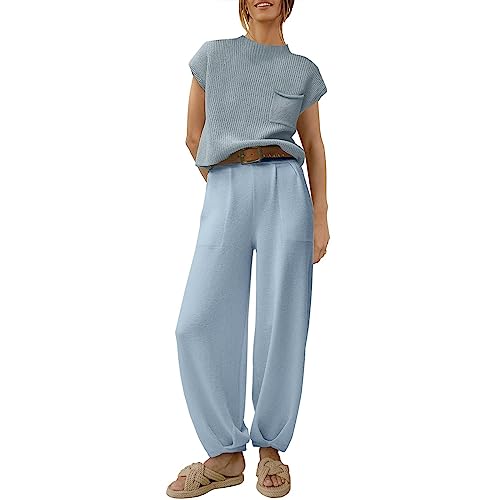 Yassiglia Elegantes Set Damen Zweiteiler Outfit Hose Und Top Business Lässig Anzug Sommer Kurzarm Strickpullover + Freizeithose Loungewear Streetwear (Blau, M) von Yassiglia