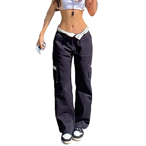 Yassiglia Frauen Cargo Hose Damen Low Waist Weites Bein Crago Pants Y2K Baggy Jeans für Teenager Mädchen Casual Bauchweg Hosen Streetwear (Dunkelblau Low Waist, S) von Yassiglia