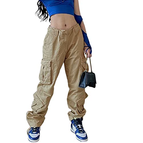 Yassiglia Frauen Cargo Hose Damen Low Waist Weites Bein Crago Pants Y2K Baggy Jeans für Teenager Mädchen Casual Bauchweg Hosen Streetwear (Khaki A, M) von Yassiglia