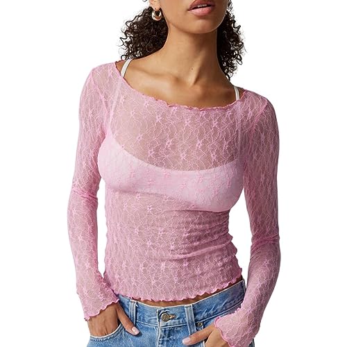 Yassiglia Mesh Oberteil Damen Sexy Durchsichtig Spitzen Oberteile Elegant Eng Langarmshirt Y2K Crop Top Langarm Unterhemd Leichte Tops Party Outfit (Rosa, S) von Yassiglia