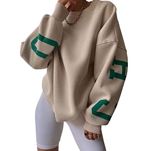 Yassiglia Oversize Pullover Damen Elegant Sweatshirt ohne Kapuze Fleece Oberteile Herbst Winter Verdickt Warm Pulli Y2K Hoodie für Teenager Mädchen (Khaki, XL) von Yassiglia