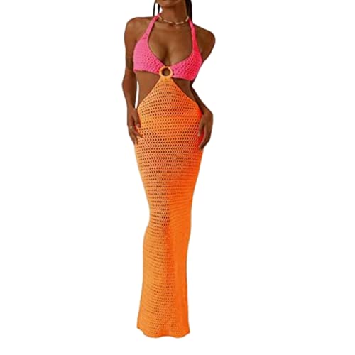 Yassiglia Sommer Häkelkleid Damen Elegant Sommerkleid Lang Strandkleid Y2K Hollow Out Maxikleid Sexy Transparent Gestrickt Kleid Bikini Cover Up (Orange Rosa, S) von Yassiglia