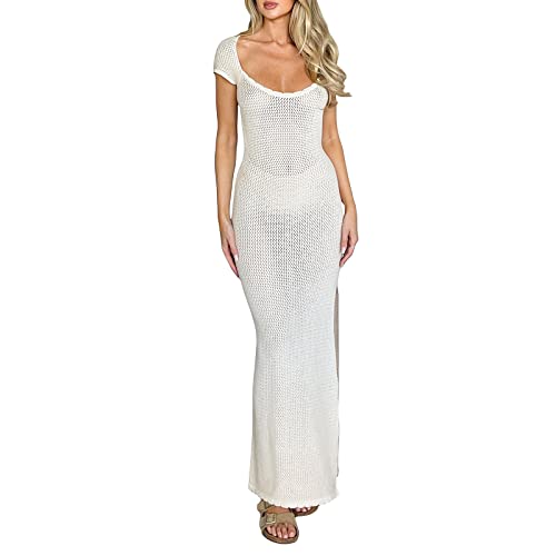 Yassiglia Sommer Häkelkleid Damen Elegant Sommerkleid Lang Strandkleid Y2K Hollow Out Maxikleid Sexy Transparent Gestrickt Kleid Bikini Cover Up (Weiß, S) von Yassiglia