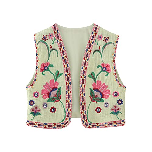 Yassiglia Sommerweste Damen Leichte Damenweste Vintage Kurze Weste Sommer Boho Oberteile Elegante Westen mit Stickerei Ärmellose Sommerjacke für Frauen (Grün Rosa, L) von Yassiglia