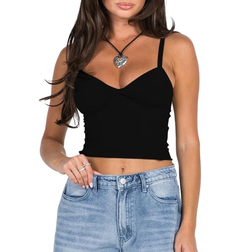 Yassiglia Y2K Tank Top Damen Basic Ärmellos Skims Dupe Sexy Low Cut Bustier Korsett Top Sommer Einfarbig Slim Fit Shirt Elegant Cami Spaghetti Träger Tops (Schwarz A, S) von Yassiglia