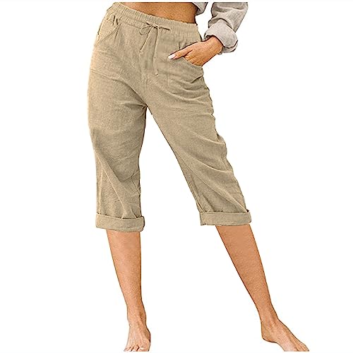 Damen Leinenhose Sommer Knielang Kurze Hosen Leicht und Luftig Locker Hohe Taille Caprihose Elastisch Einfarbig Strandhose Stoffhose Casual Pants mit Kordelzug Caprihose Meine Bestellungen Anzeigen von Ybing