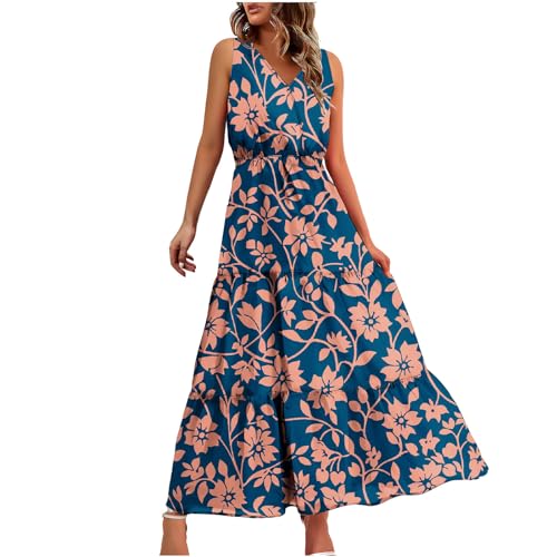 Ybing Sommerkleid Damen Lang Ärmelloses Maxikleid Damen Sommer Strandkleid Lange Rundhals Tank Top Kleider Leicht und Luftig mit Taschen Elastischer Taille Blitzangebote des Tages Heute von Ybing