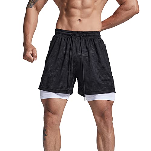 Herren 2-in-1-Laufsport-Shorts für 5" Lange Innennaht leichte schnell trocknende Shorts für das Fitness-Training mit Taschen Color Black Size L von Ychnaim