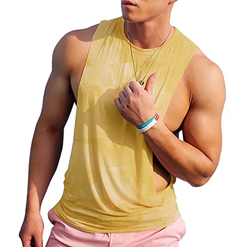 Herren Ärmellose Muskel Stringer Weste Aufschneiden Bodybuilding Tanktop für das Fitnessstudio Training Color Gelb Size XL von Ychnaim