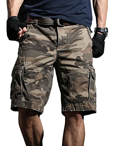 Herren Camo Cargo Shorts 10" Schrittnaht mit Mehreren Taschen 100% schwere Baumwolle Color Graue Tarnung Size 36 von Ychnaim