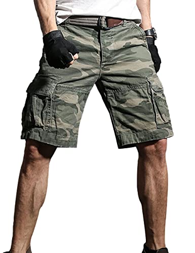 Herren Camo Cargo Shorts 10" Schrittnaht mit Mehreren Taschen 100% schwere Baumwolle Color Grüne Tarnung Size 34 von Ychnaim