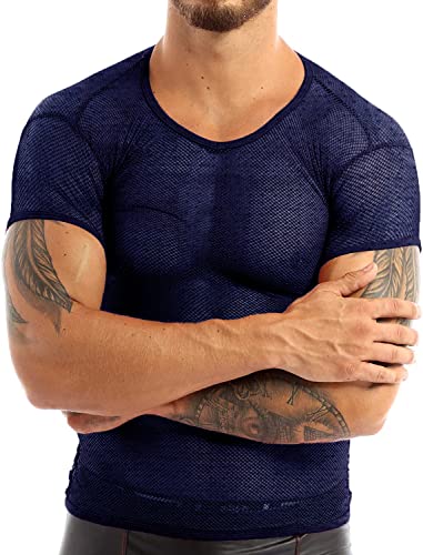 Herren Durchsichtige Hemden für Fischnetz Mesh eng anliegende Kurzarm-T-Shirts für Muskeloberteile Clubwear Color Dunkelblau Size XXL von Ychnaim