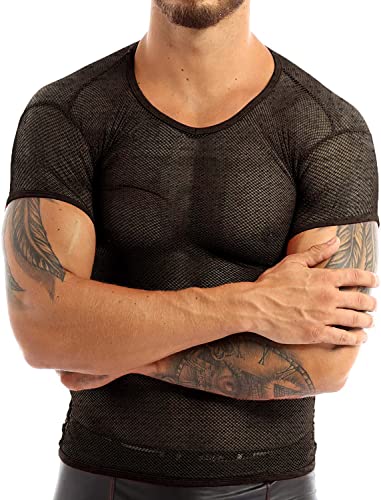 Herren Durchsichtige Hemden für Fischnetz Mesh eng anliegende Kurzarm-T-Shirts für Muskeloberteile Clubwear Color Schwarz Size M von Ychnaim