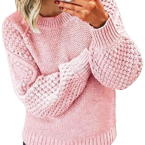 Ydsxlp Pullover Damen Vintage Einfarbig Rundhals Langarm Strickpullover Herbst Winter Casual Lose Grobstrick Weich Jumper Sweater Pulli Warm Pullover Oberteile Outwear(D Rosa,S) von Ydsxlp