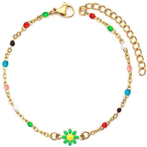 YeGieonr Gänseblümchen Blumenperlen Armband für Damen, Edelstahl Bunt Emaille Y2K Verstellbares Gold Armband Fußkettchen für Mädchen Sommer Accessoires von YeGieonr