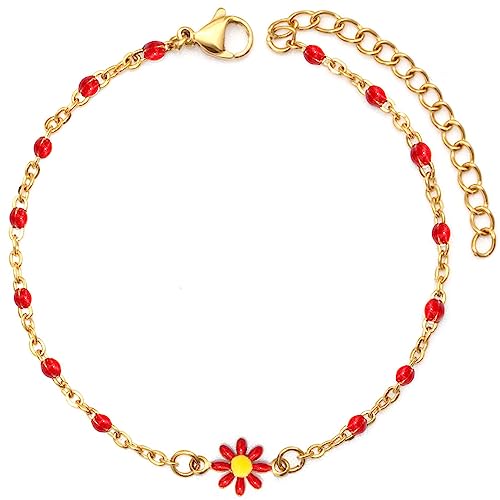 YeGieonr Gänseblümchen Blumenperlen Armband für Damen, Edelstahl Bunt Emaille Y2K Verstellbares Gold Armband Fußkettchen für Mädchen Sommer Accessoires von YeGieonr