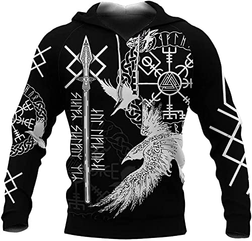 3D-gedruckter Wikinger-Tattoo-Herren-Hoodie, Kängurutasche, nordische Mythologie, Rabe, Vegvisir, Langarm-Sweatshirt, Cosplay-Kunst-Pullover, Unisex-Jacke (Color : Black Hoodie, Size : 5XL) von YeSbTx