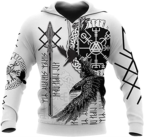 3D-gedruckter Wikinger-Tattoo-Herren-Hoodie, Kängurutasche, nordische Mythologie, Rabe, Vegvisir, Langarm-Sweatshirt, Cosplay-Kunst-Pullover, Unisex-Jacke (Color : White Hoodie, Size : XXL) von YeSbTx