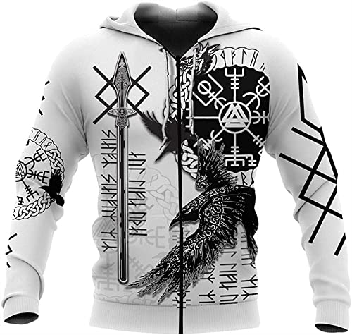 3D-gedruckter Wikinger-Tattoo-Herren-Hoodie, Kängurutasche, nordische Mythologie, Rabe, Vegvisir, Langarm-Sweatshirt, Cosplay-Kunst-Pullover, Unisex-Jacke (Color : White Hoodie Zip, Size : L) von YeSbTx