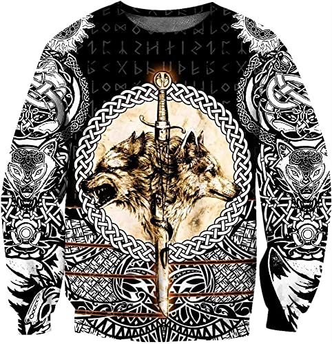 YeSbTx Nordische Mythologie Odin Tattoo 3D gedrucktes Sweatshirt, DIY Wikingerkostüm, Celtic Wolf Rune cool neutral Harajuku Street Herren Viking Pullover (Color : Sweatshirt, Size : 6XL) von YeSbTx