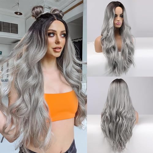 Halloween Perücke Grau Damen,Lange Graue Ombré Perücke,Halloween Perücke Damen,Damen Perücke Lang,Ombre Silber Grau Lang Lockig,Synthetische Perücke,Silber Grau Lang Lockig Natürlich von YeahBoom