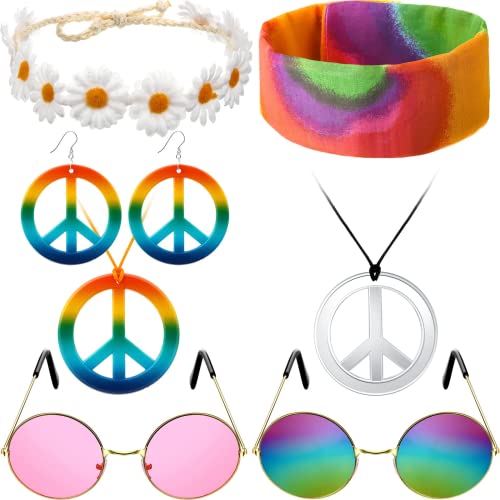 Hippie Kostüm Set, 8 Stück Retro Verkleiden Sich für Damen und Herren,mit Peace Zeichen Halskette Halskette und Ohrringe,Sonnenbrille,Sonnenblumen und Buntes Hippie Stirnband,60er 70er Kostüm Zubehör von YeahBoom