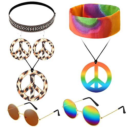 Hippie Kostüm Set, 8 Stück Retro Verkleiden Sich für Damen und Herren,mit Peace Zeichen Halskette Halskette und Ohrringe,Sonnenbrille,Sonnenblumen und Buntes Hippie Stirnband,60er 70er Kostüm Zubehör von YeahBoom