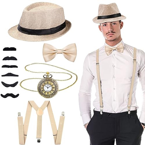 YeahBoom 20er Jahre Herren Mafia Kostüm Set,Gatsby Kostüm Set,Kostüm Zubehör Set Inklusive Panamahut Verstellbar Elastisch Hosenträger Herren Halsschleife Fliege und Vintage Taschenuhr von YeahBoom