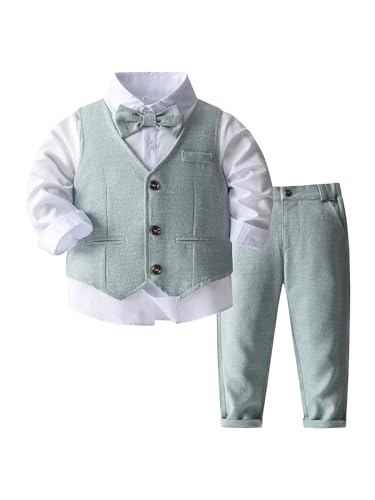 Yeahdor Baby Jungen Gentleman Kleidung Set Baumwolle Langarm Hemd + Fliege + Weste + Smoking Hose Hochzeitanzug Taufen Set Geburtstagsfeier B Hellgrün 92-98 von Yeahdor