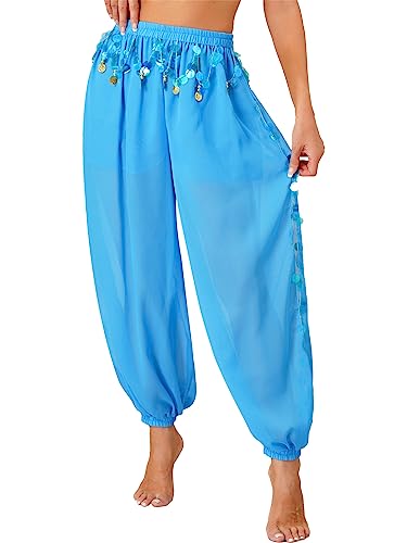 Yeahdor Damen Bauchtanz Hose Chiffon Tanzhose Mit Pailletten Locker Pumphose Münzen Performance Wettbewerb Bühnenauftritt A Himmelblau Einheitsgröße von Yeahdor