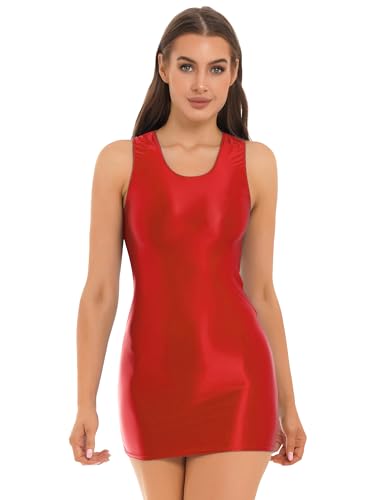 Yeahdor Damen Nylon Minikleid Bodycon Ärmellos Glossy Kleid Kurz Eng Nachtkleid Unterwäsche Negligee GOGO Clubwear A Rot XL von Yeahdor