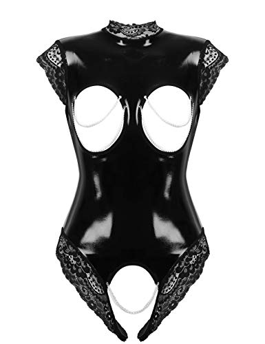 Yeahdor Damen Wetlook Bodysuit Ärmellos Body Overall Brustfrei Stringbody Offnen Schritt Jumpsuit mit Spitze Unterwäsche Party Clubwear B Schwarz E M von Yeahdor