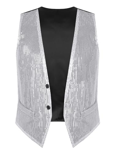 Yeahdor Herren Damen Pailletten Weste Glitzer Ärmellos Anzugweste Zubehör Tanzjacke Karneval Cosplay Verkleidung Tanzkostüm Aa Silber 3XL von Yeahdor