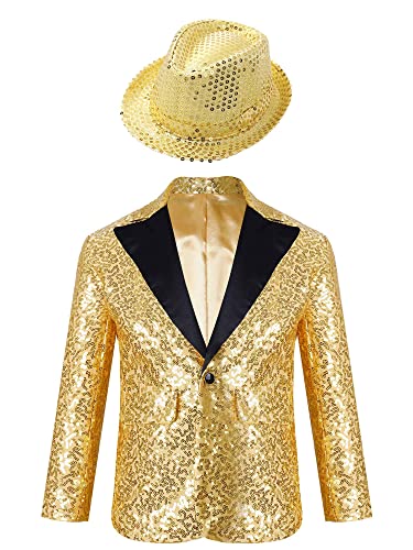 Yeahdor Kinder Jungen Pailletten Gentleman Outfit Glitzer Anzugjacke Langarm Sakko Blazer Mit Mütze Hochzeit Geburtstag Party Bühnenkostüm A Gold 170-176 von Yeahdor