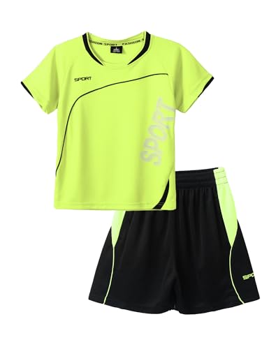 Yeahdor Kinder Jungen Sport Bekleidung Set Kurzarm Sportshirt mit Kurz Hose Loose Fit Sportanzuzg Trainingsanzug Fitness Laufen Jogging Da Leuchtend Grün A 146-152 von Yeahdor