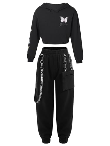 Yeahdor Kinder Mädchen Sport Set Langarm Kapuzenpullover mit Cargohose Joggingsanzug Hip Hop Set Jazz Tanz Bekleidungsset Ha Schwarz 146-152 von Yeahdor