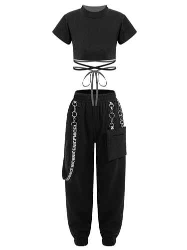 Yeahdor Kinder Mädchen Sport Kleidung Set Kurzarm Crop Top mit Cargohose Trainingsanzug Hip Hop Set Jazz TanBekleidungsset Ca Schwarz a 134-140 von Yeahdor