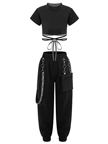 Yeahdor Kinder Mädchen Sport Kleidung Set Kurzarm Crop Top mit Cargohose Trainingsanzug Hip Hop Set Jazz TanBekleidungsset Ca Schwarz a 170-176 von Yeahdor