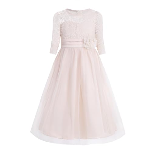 Yeahdor Mädchen Festlich Kleid Hochzeits Spitzenkleid 3/4 Ärmel Brautkleid A Linie Kleid Blumenmädchenkleid Party Geburtstag A Champagner 146-152 von Yeahdor