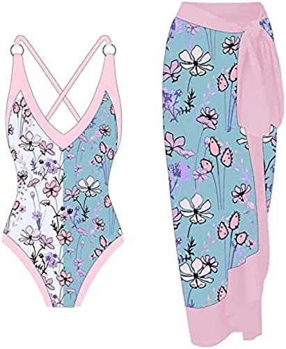 Yeehliny Badeanzug Damen V Ausschnitt Vintage Druck Monokini Bademode mit Rock Cover up Strandurlaub Schwimmanzug Zweiteiliges Tankini-Set Strandmode Swimsuit Badebekleidung von Yeehliny