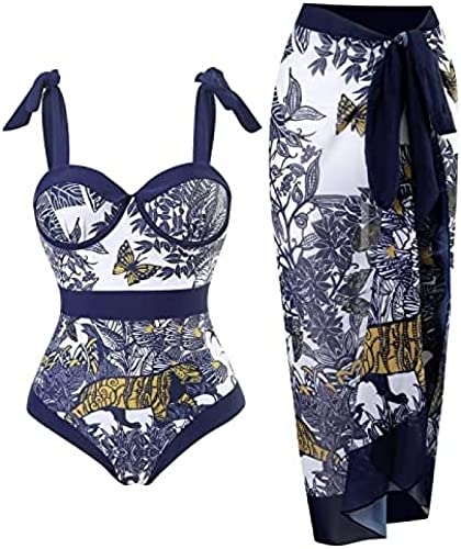 Yeehliny Badeanzug Damen V Ausschnitt Vintage Druck Monokini Bademode mit Rock Cover up Strandurlaub Schwimmanzug Zweiteiliges Tankini-Set Strandmode Swimsuit Badebekleidung von Yeehliny