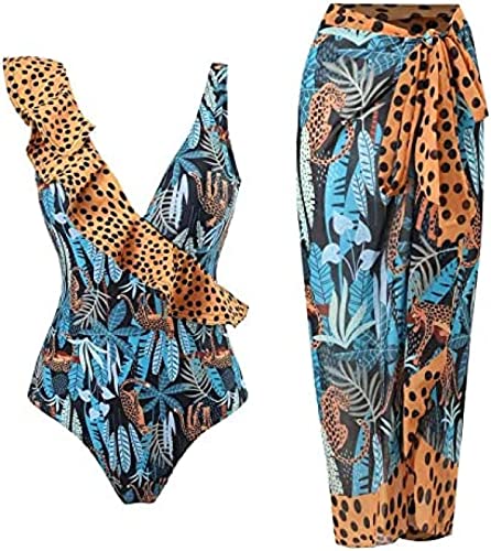 Yeehliny Badeanzug Damen V Ausschnitt Vintage Druck Monokini Bademode mit Rock Cover up Strandurlaub Schwimmanzug Zweiteiliges Tankini-Set Strandmode Swimsuit Badebekleidung von Yeehliny