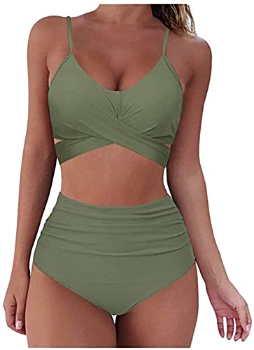 Yeehliny Damen Bikini Set Bademode Vintage Crossover Ties-up Bikinioberteil +Sommer Sport Bikinihose High Waist Zweiteiliger Badeanzug von Yeehliny