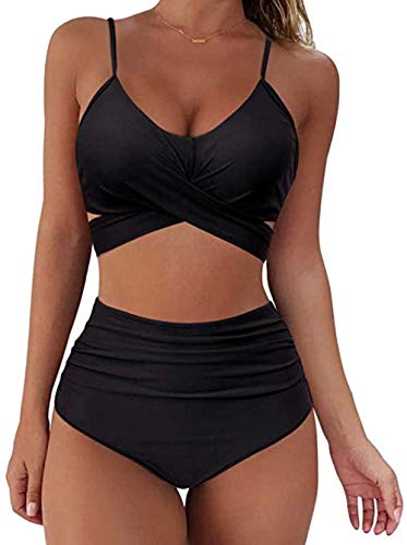 Yeehliny Damen Bikini Set Bademode Vintage Crossover Ties-up Bikinioberteil +Sommer Sport Bikinihose High Waist Zweiteiliger Badeanzug von Yeehliny