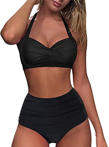 Yeehliny Damen Bikini Set Bademode Vintage Crossover Ties-up Bikinioberteil +Sommer Sport Bikinihose High Waist Zweiteiliger Badeanzug von Yeehliny