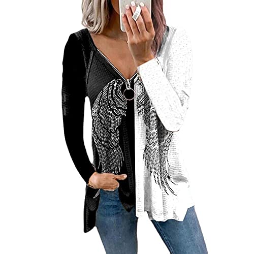 Yeehliny Damen Blusen T-Shirt Sweatshirt Langarm V-Ausschnitt Pullover mit Reißverschluss Retro Schmetterlingsdruck Bluse Tunika Langshirt Hemd Tops Oberteile Langarmshirt Longsleeve von Yeehliny