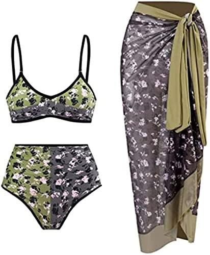 Yeehliny Damen High Waist Bauchweg Bikini Blumendruck Bademode Strandmode mit Rock Strand Wrap Vertuschung Badeanzug Cover up Wickelröcke 2 Teiliges Set Zweiteiliger Schwimmanzug von Yeehliny