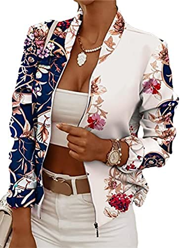 Yeehliny Damen Jacke Casual Blumenmuster Bomberjacke Langarm Outwear Reißverschluss Stehkragen Kurz Mäntel Leicht Jacke Fliegerjacke Übergangsjacke Sommer Herbst Bomber Jacke von Yeehliny