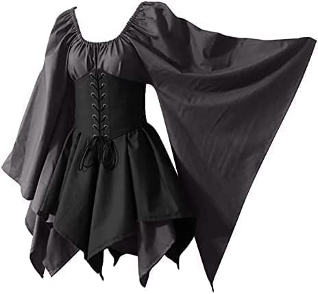 Yeehliny Damen Mittelalter Kleid Maxikleid mit Mesh Trompetenärmel Asymmetrischer Prinzessin Kleider Gothic Halloween-Kleid Karneval Kostüm Renaissance Cosplay Kostüm von Yeehliny